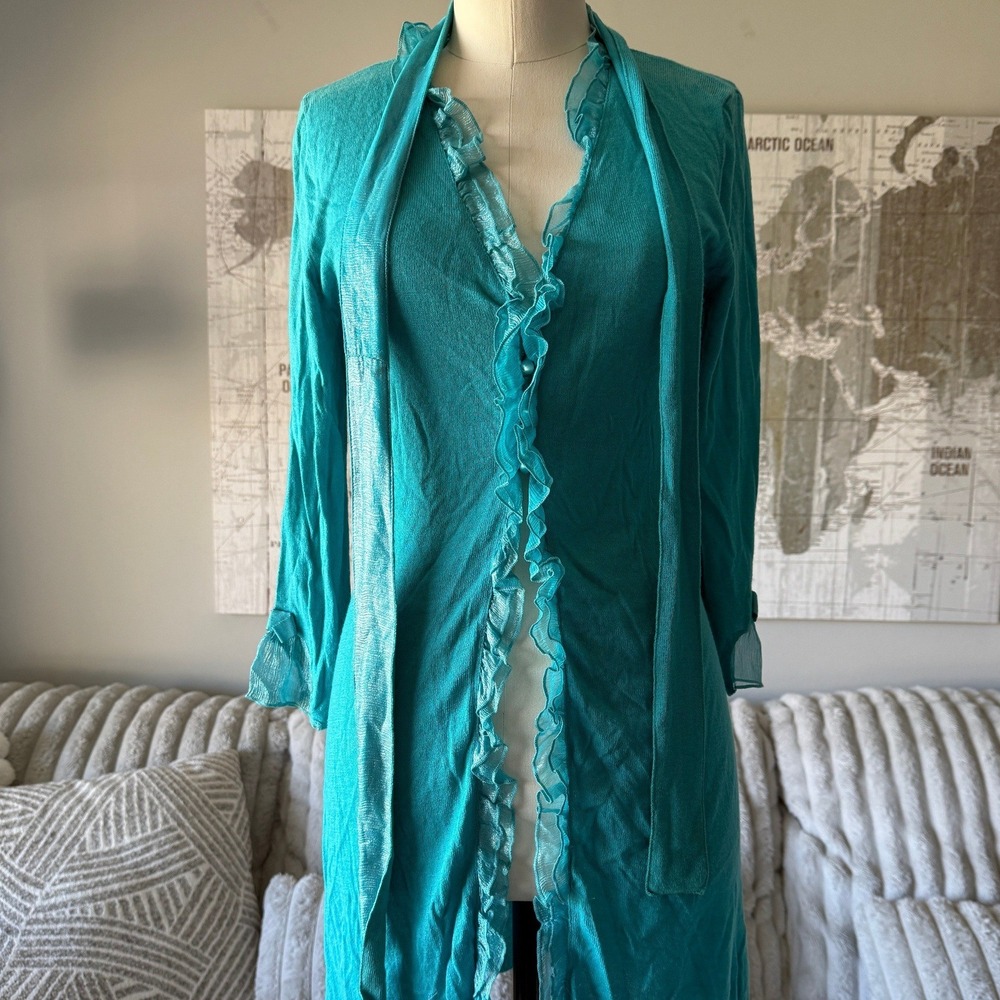 Y2K Gabriella Vicenza Teal Metallic Ruffle Longline Cardigan Sweater Scarf Set L